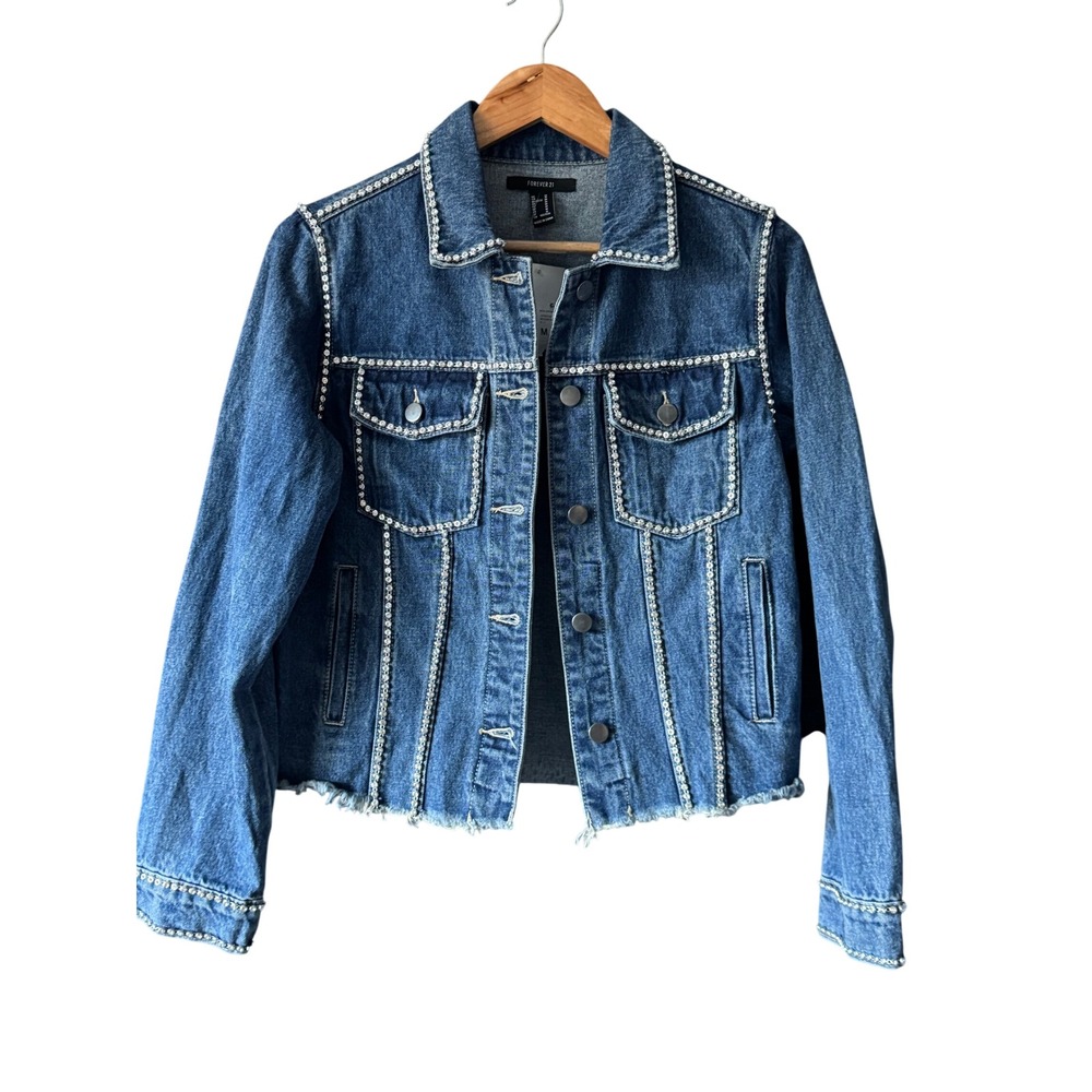 Forever 21 Denim Jacket Women M Blue Embellished Rhinestone Western Glam Trucker